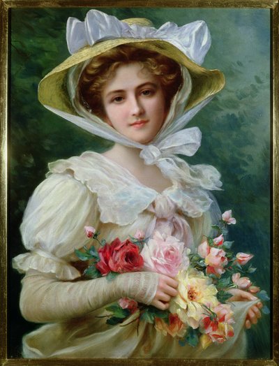 Elegante Dame mit einem Rosenstrauß von Emile Vernon